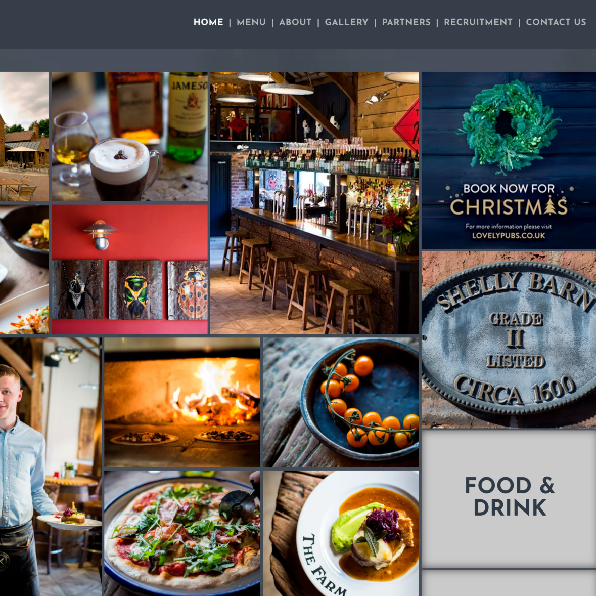Collage of food and drink photos from a restaurant, featuring bar, fireplace, and dishes.