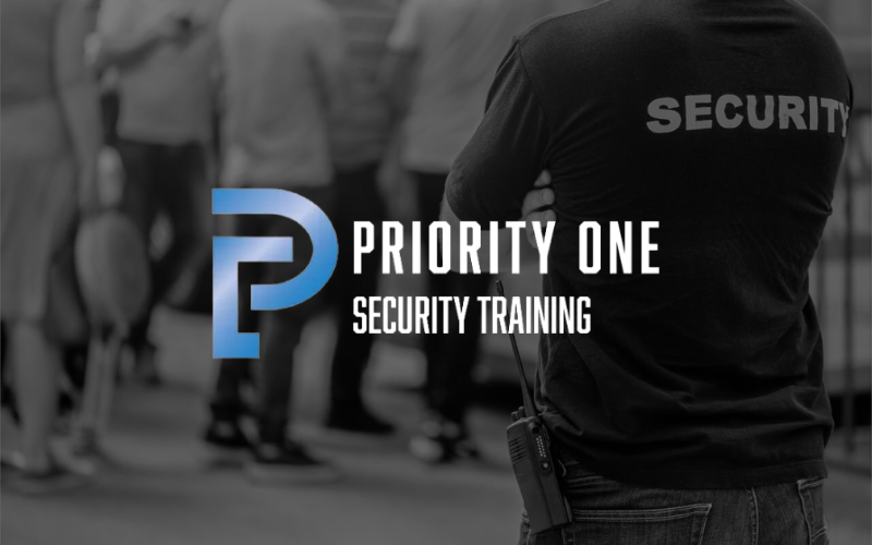 Priority One Security Training logo with security guard in background.