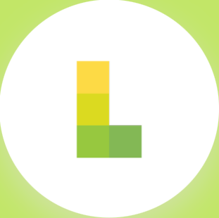 Yellow, lime, and green stacked block “L” in a white circle.