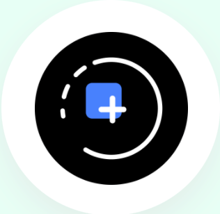 Blue square with white plus symbol inside black circle, within a white circle.