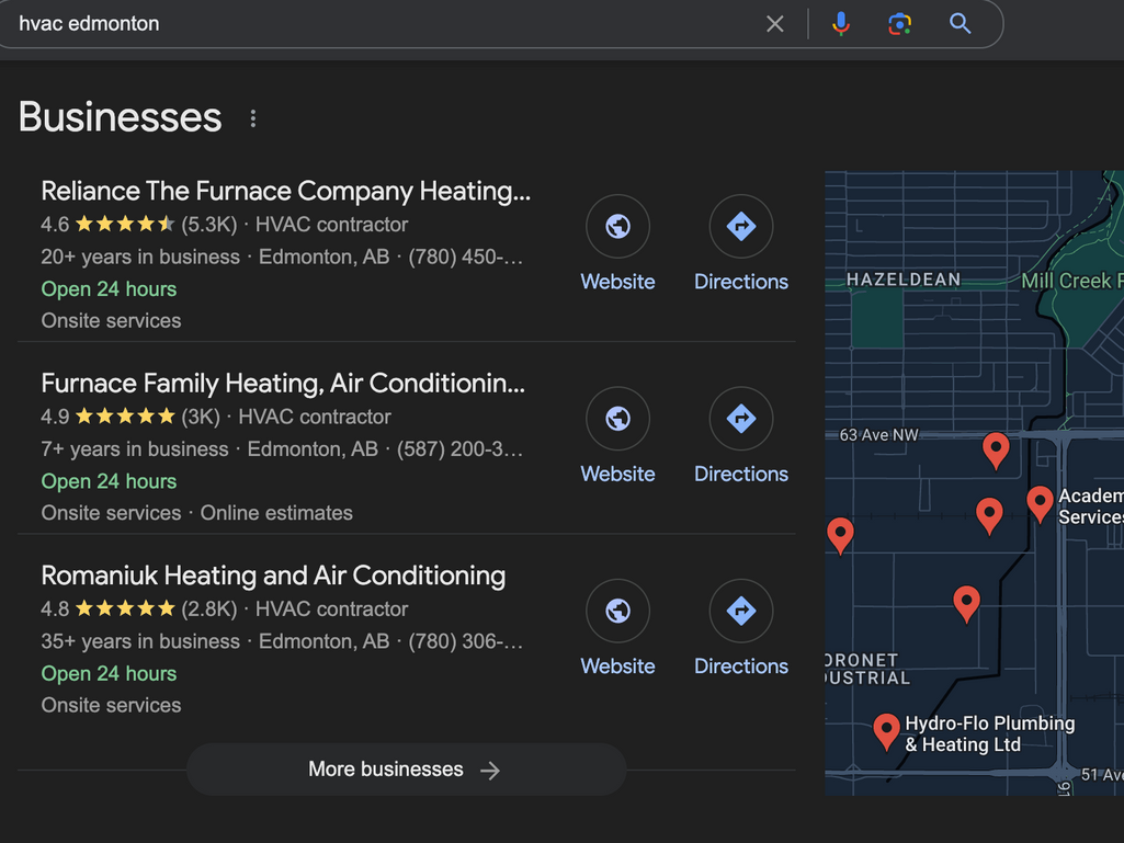 Search results for HVAC businesses, list view and map. Businesses include Relance Furnace Company, Furnace Family Heating, and Romanuk Heating.