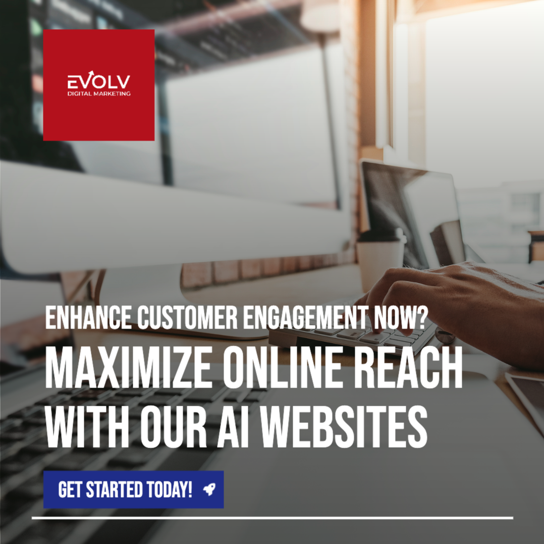 Advertisement for Evolv's AI websites to maximize online reach. Includes a person using a computer, red logo.