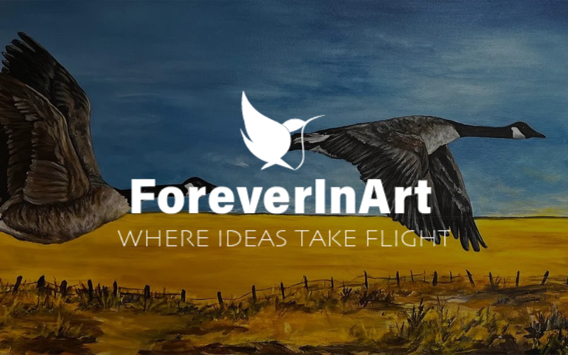 Two Canada geese in flight over a yellow field with the 