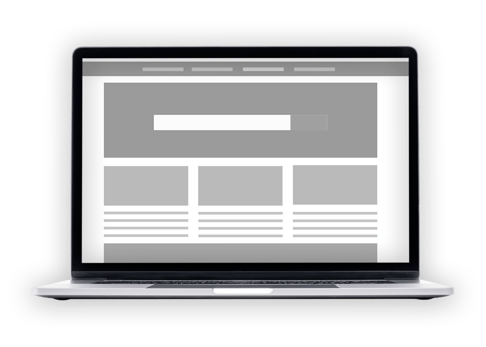 Laptop displaying a website mockup with header, search bar, and content sections in gray.