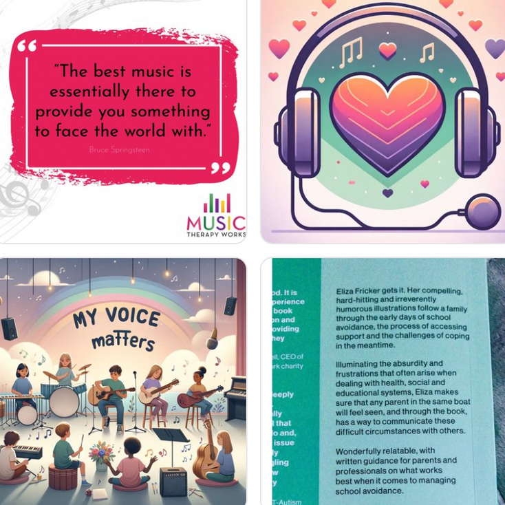 Four images about music therapy: quote, headphones, band, and text about support.