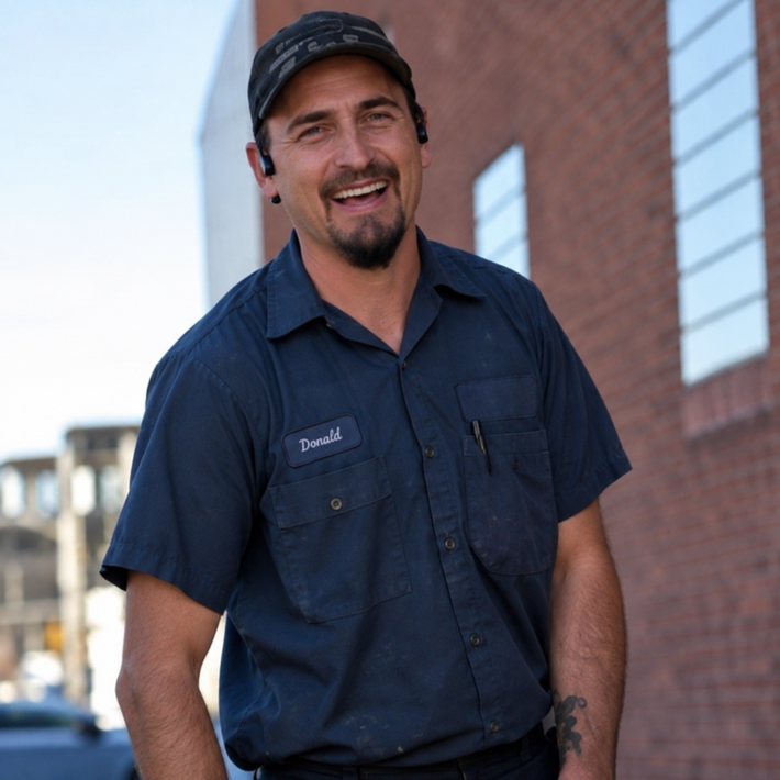 Smiling man in a navy work shirt and cap standing outdoors near a brick building Smiling man in a navy work shirt and cap standing outdoors near a brick building