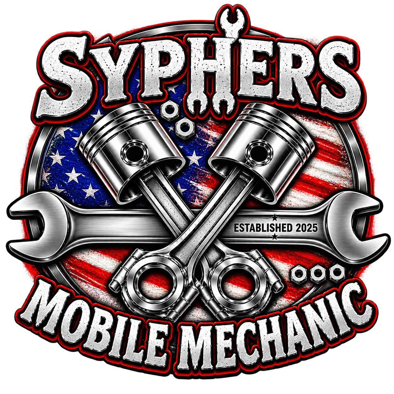 Sypher's Mobile Mechanic logo with skull piston, crossed wrench, Spokane, EST 2025, red and black text
