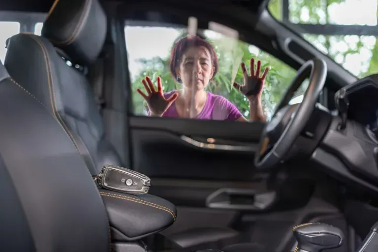 Older woman with painted hands pressed to a car window, seen from inside the front seat.