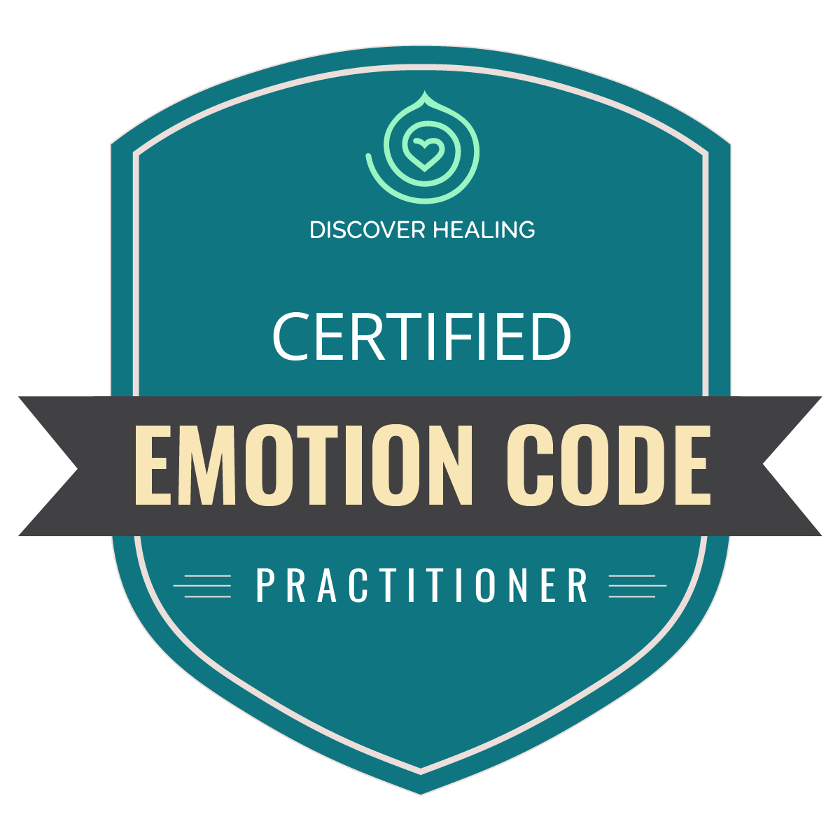 Teal and gold “Emotion Code Practitioner” certified badge with “Discover Healing” text