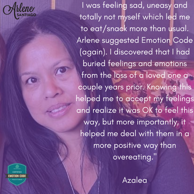Woman portrait with a purple overlay and a testimonial quote about emotional eating and recovery.