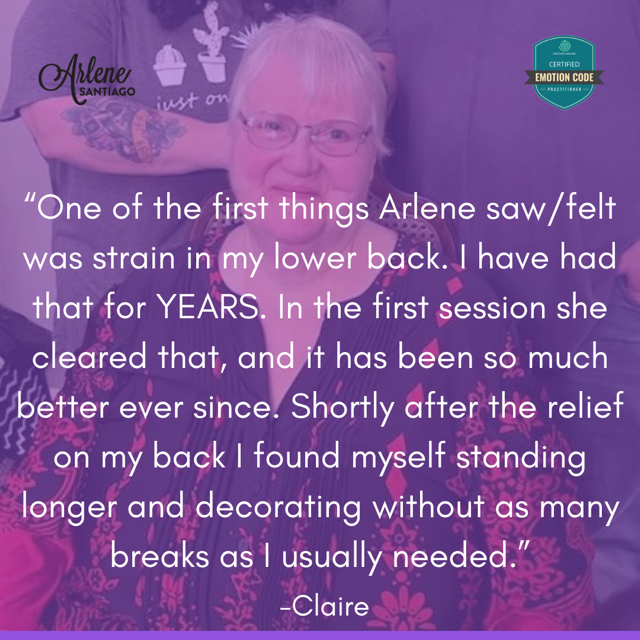 Purple testimonial graphic with quote about back pain relief and decorating longer without breaks, signed Claire