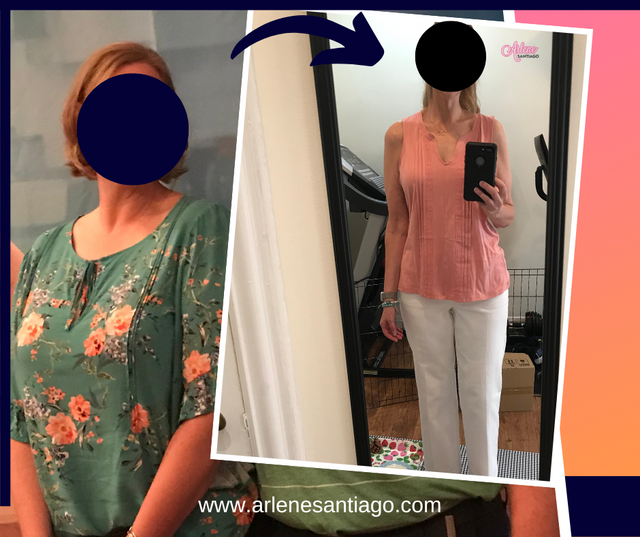 Before and after outfit photos: green floral top, then pink shirt and light pants in a mirror selfie.