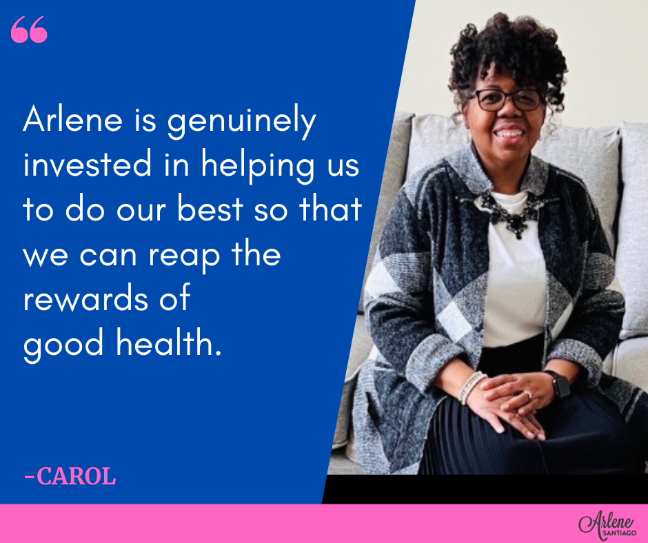 Quote graphic with smiling woman on blue background: “Arlene is genuinely invested...”