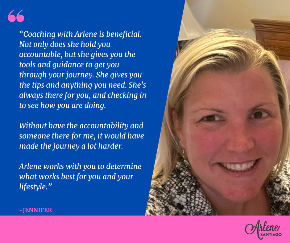 Testimonial graphic with a blonde woman’s headshot on blue and pink background about coaching and accountability