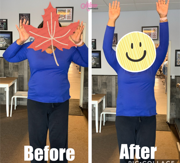 Before-and-after photo of a person in a blue shirt, replacing a maple leaf with a smiley face over their face.