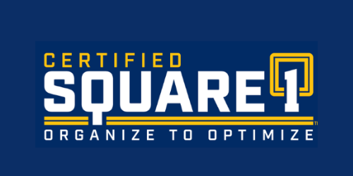 Certified Square One logo in blue and gold with the tagline “Organize to Optimize”