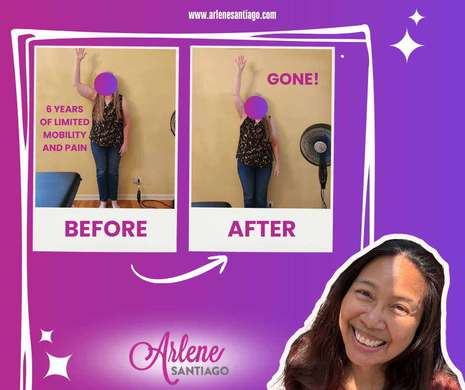 Before-and-after fitness collage on purple background: woman with dumbbell, pain before, smiling after.