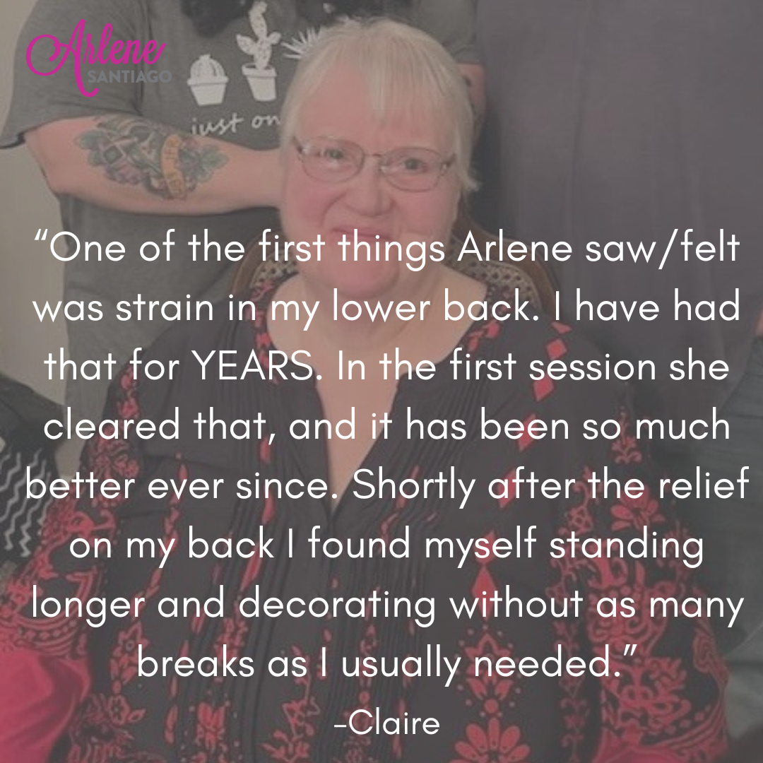 Testimonial quote over photo of a woman with blonde hair on a gray background; mentions back pain relief.
