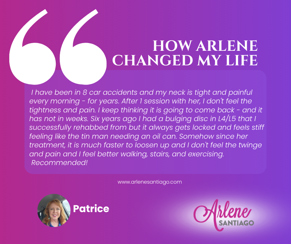 Purple testimonial graphic with quote, Arlene Santiago logo, and Patricia’s headshot and name