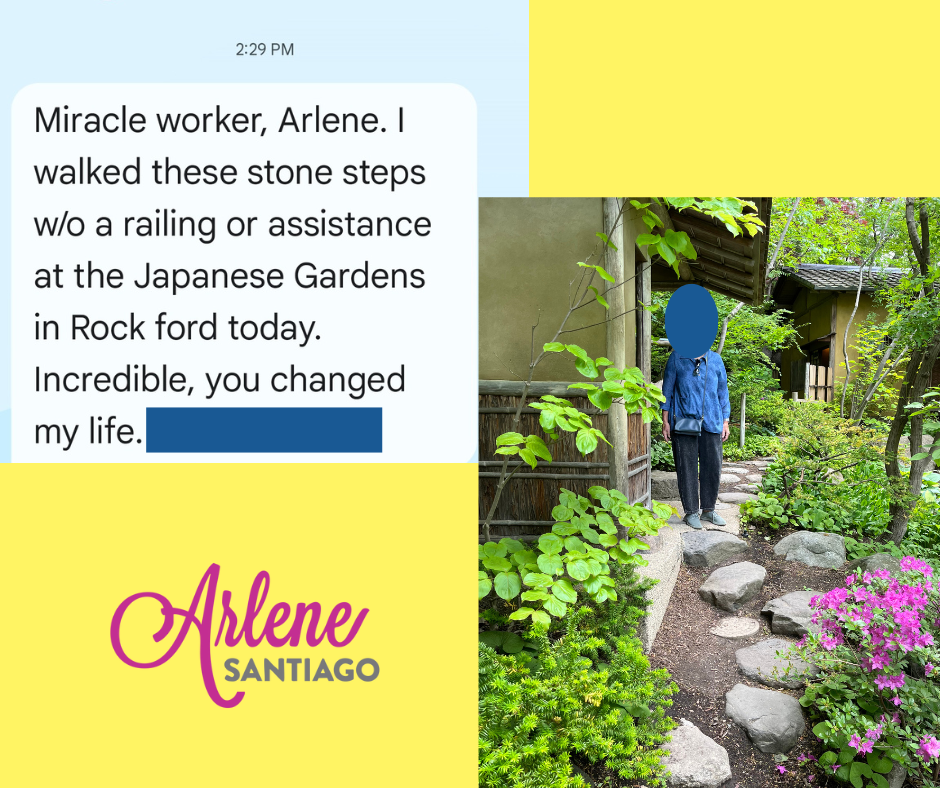 Miracle Walker Arlene Santiago walking stone steps in a lush Japanese Garden, with testimonial text beside her.