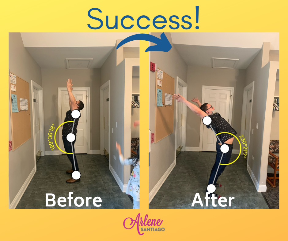 Before-and-after posture correction graphic showing a woman bending less in a hallway, with “Success!” text.