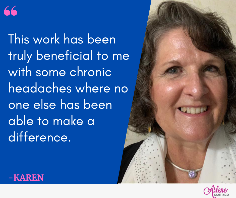 Testimonial quote on blue panel beside a smiling woman’s portrait about helping chronic headaches.