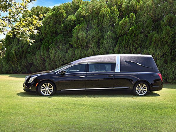 A black hearse is parked in a grassy field.