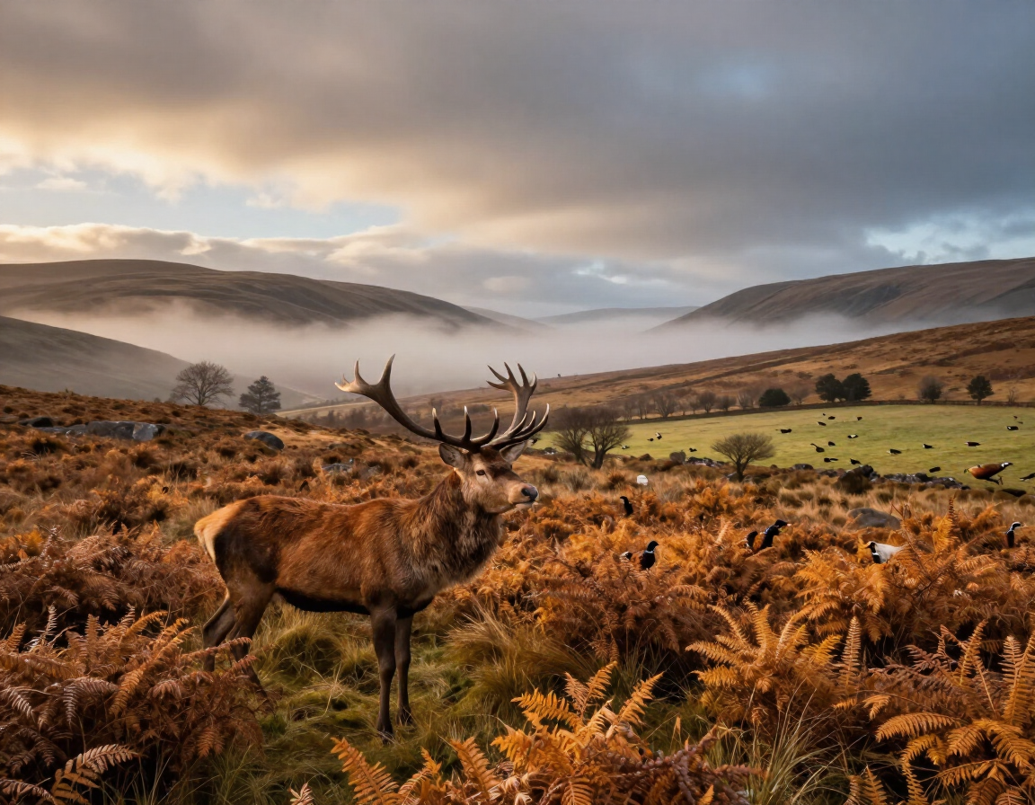 Scottish highlands at autumn — red stag hunt Scotland and driven pheasant country