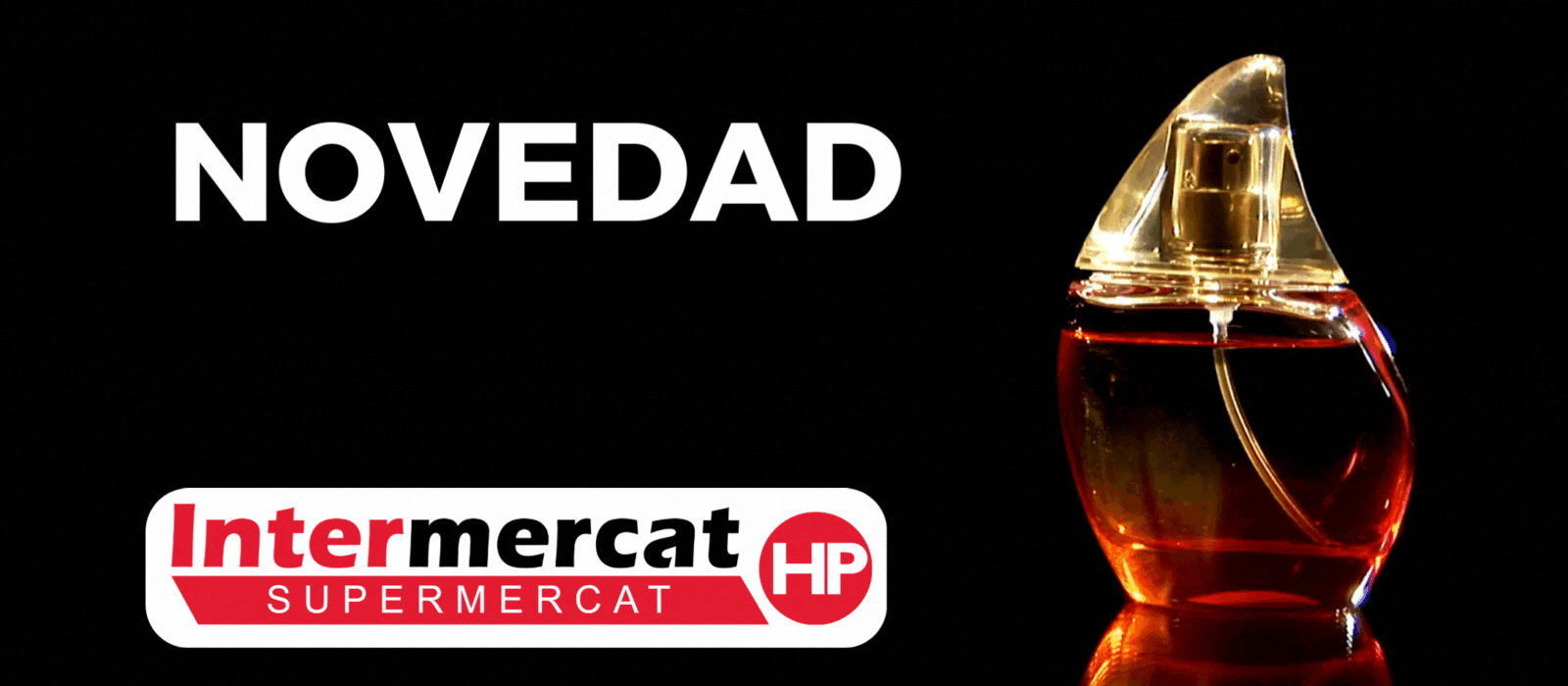 Una botella de perfume Intermercat HP sobre un fondo negro.