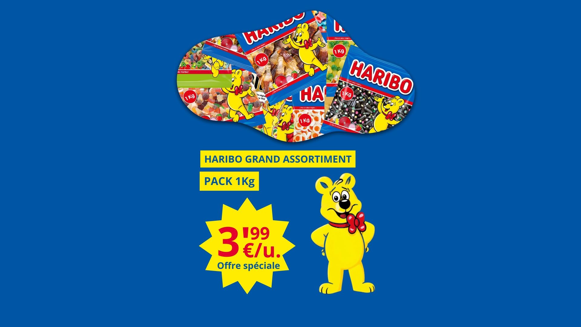 Publicité bleue pour les bonbons Haribo, avec un mélange de bonbons gélifiés colorés, une étiquette de prix jaune et la mascotte Haribo tenant un sachet.