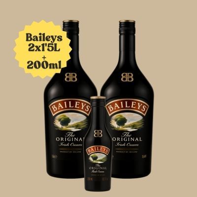 Publicité pour la crème irlandaise Baileys Original avec deux bouteilles noires et une mini-bouteille de 200 ml sur fond beige