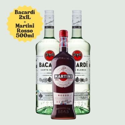 Bouteilles de Bacardi et de Martini Rosso avec texte sur fond clair