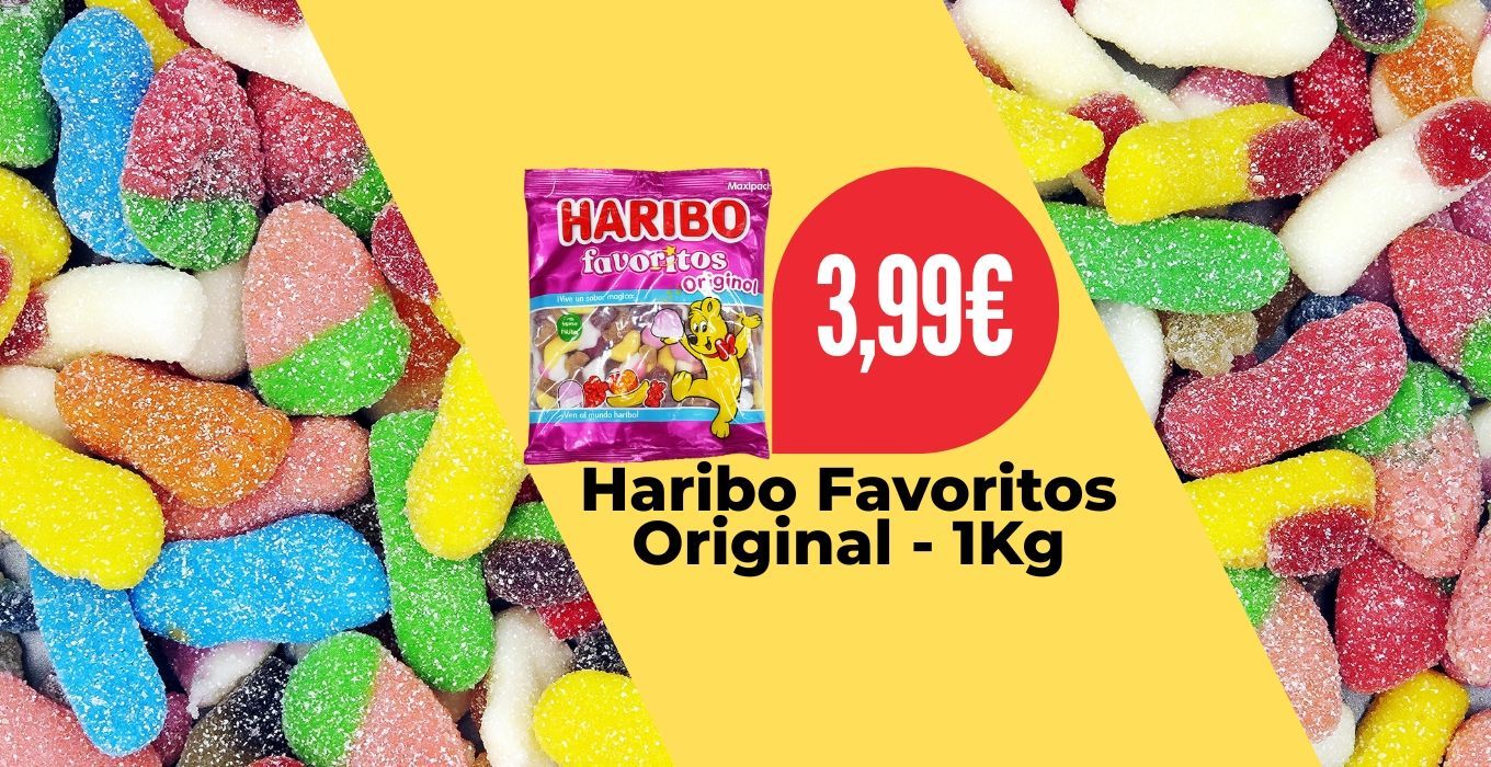 Bolsa de 1 kg de Haribo Favorites Original con fondo de caramelos de colores, precio: 3,99 €.