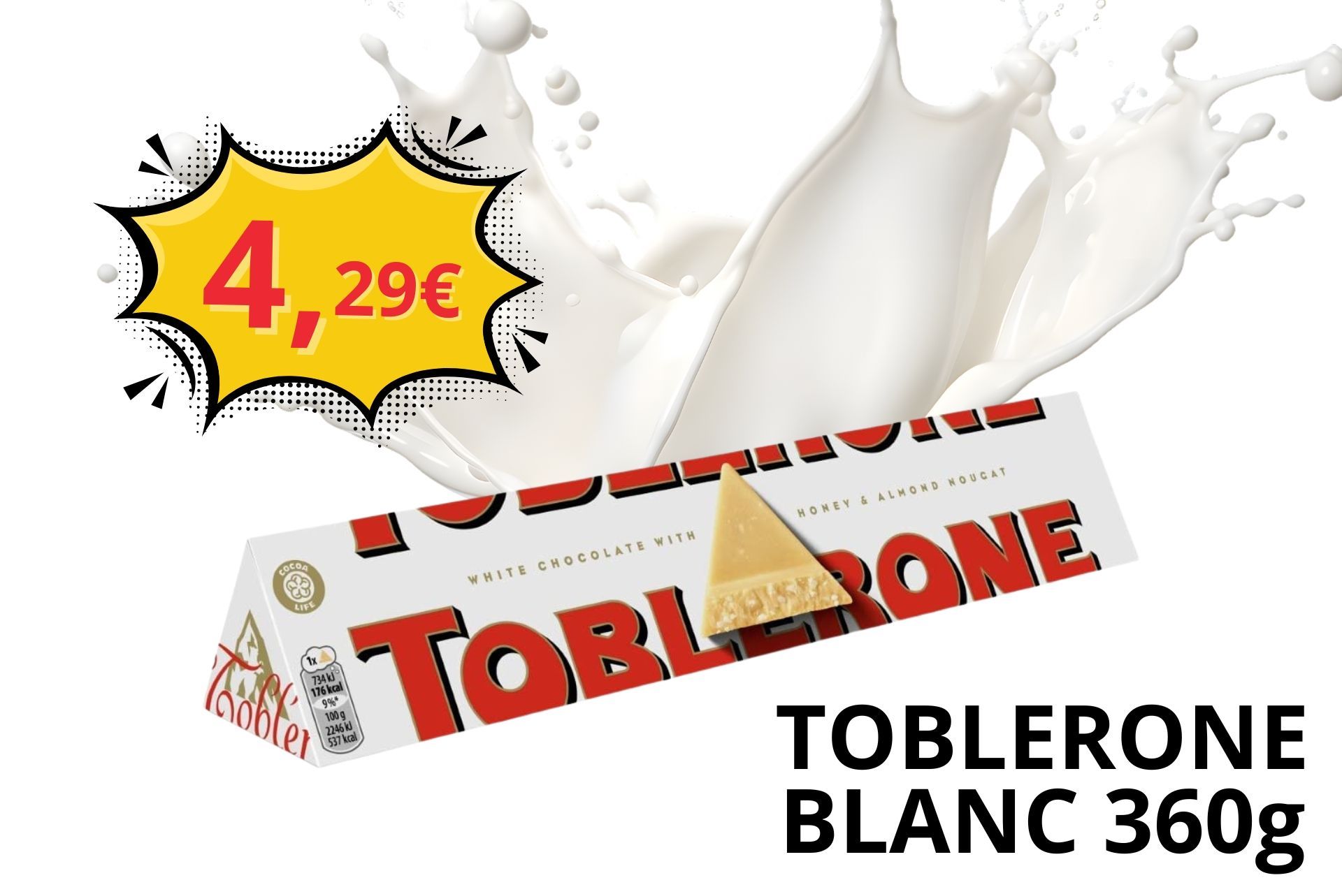 Barre de chocolat Toblerone Blanc 360 g avec un nuage de lait, prix : 4,29 €