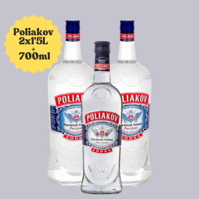 Trois bouteilles de vodka Poliakov, avec une étiquette jaune portant l'inscription « Poliakov 2x1,5L 700ml » sur fond clair.