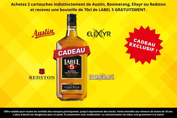 Promotion avec une bouteille de whisky Redston, des étoiles « cadeau exclusif » et les étiquettes Austin, Boomerang, Elixir, Redston sur fond jaune