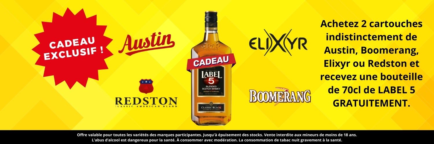Bannière publicitaire pour la vodka Elixir avec bouteille, logos Redston et Austin, texte promotionnel en français sur fond jaune