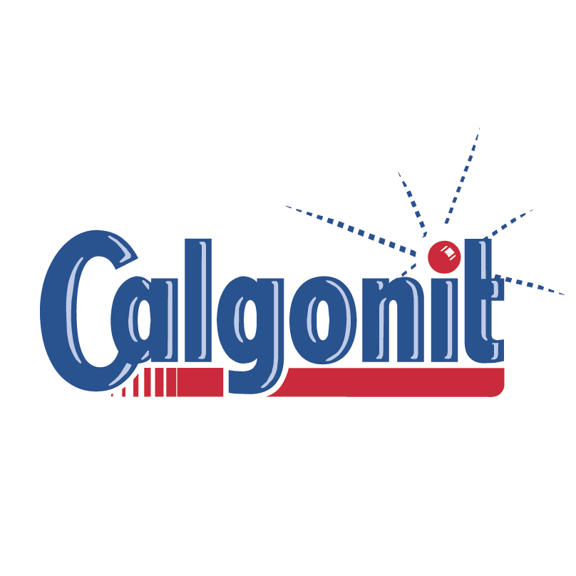 Un logotipo azul y rojo de Calgonit sobre un fondo blanco.