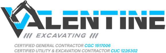 Orange excavator logo for Valentine Excavating, black text below.
