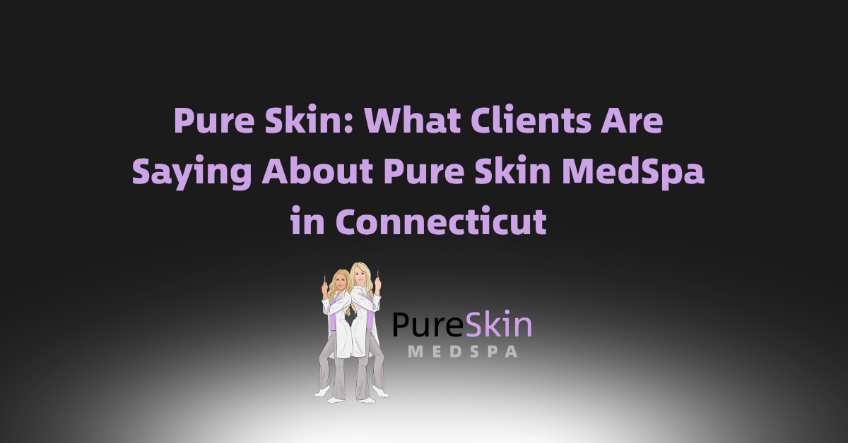 Pure Skin MedSpa promo slide with purple text on black background and logo at bottom