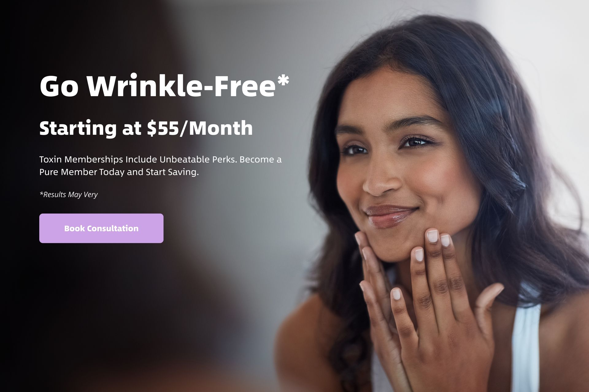 Wrinkle-free skin treatment ad with smiling woman touching her cheek, purple call-to-action button.