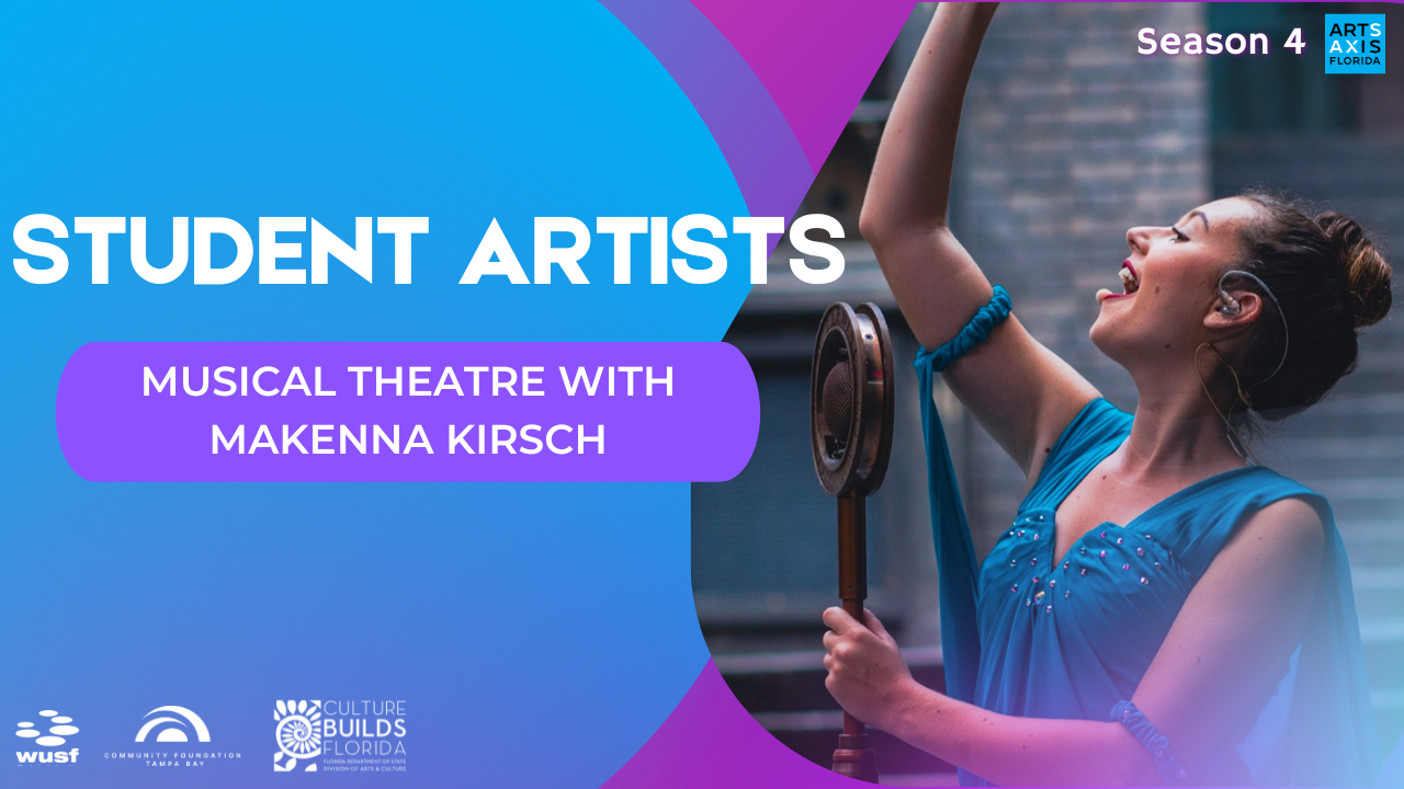 Poster: Student artist in blue singing into a vintage microphone. Musical theatre with Makenna Kirsch. Season 4.