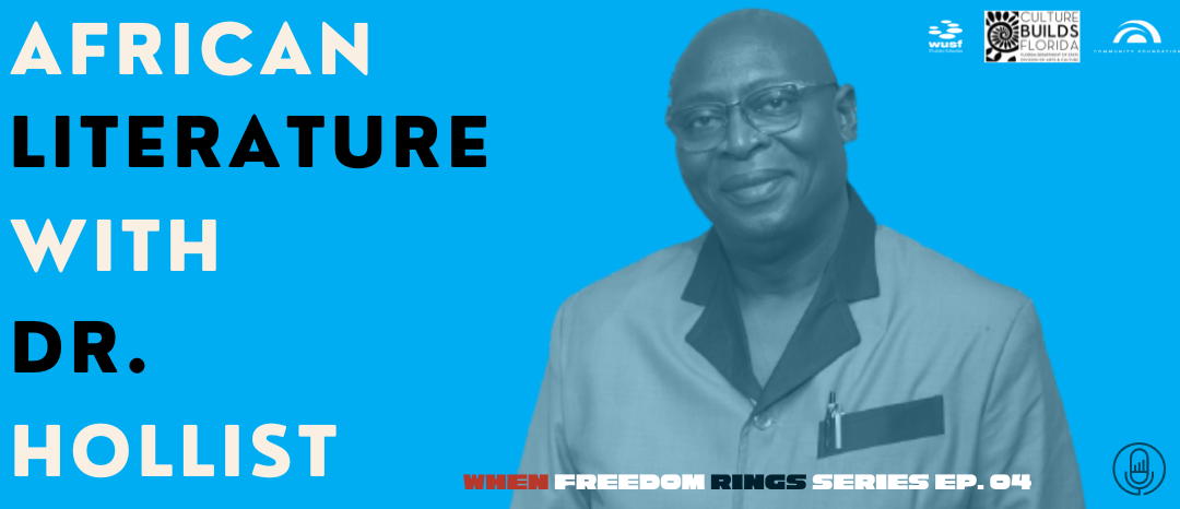 African Literature with Dr. Hollist, a man smiling on a blue background.