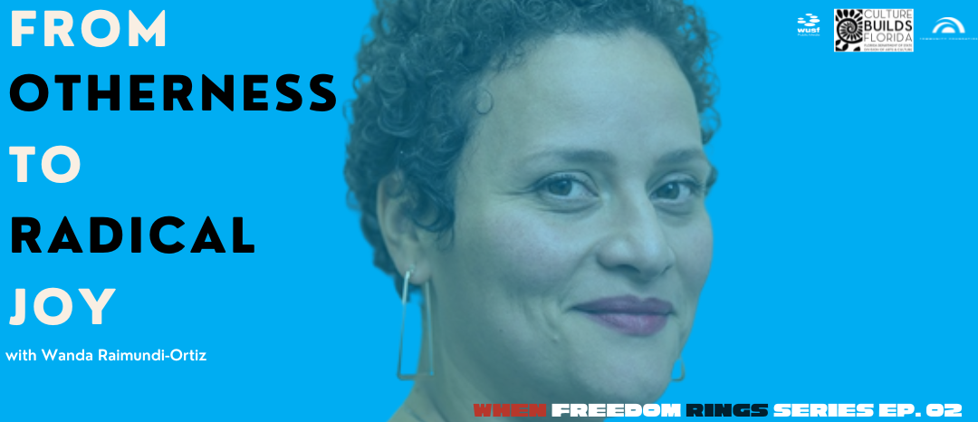 Woman with short curly hair, smiling, in front of a blue background with the words
