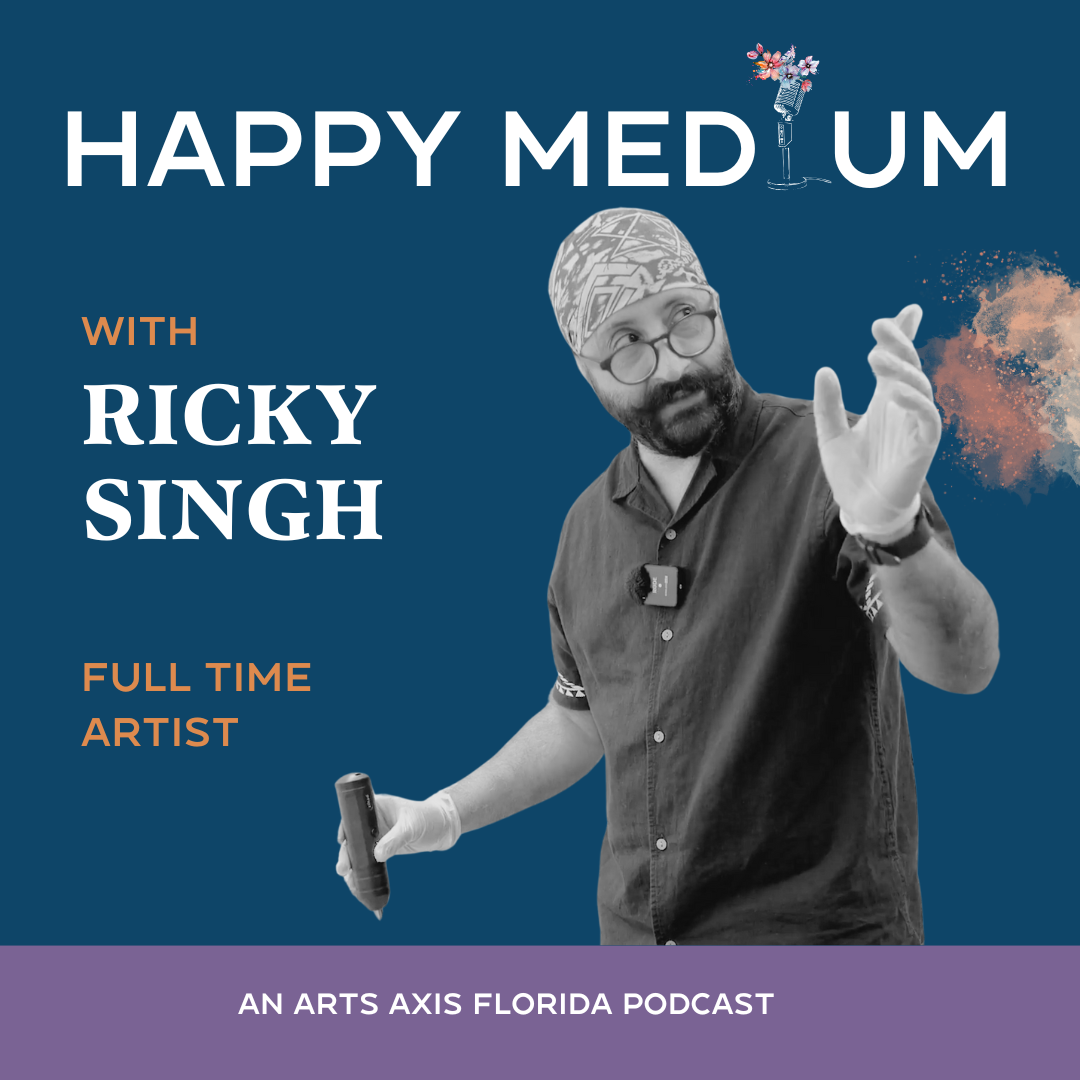 Podcast cover: Artist Ricky Singh smiling, with a paintbrush, blue background, title