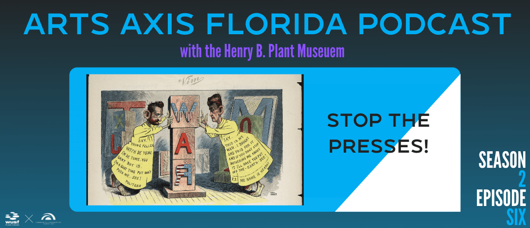 Podcast cover, two women near a printing press. Text: Stop the Presses! Season 2 Episode Six.