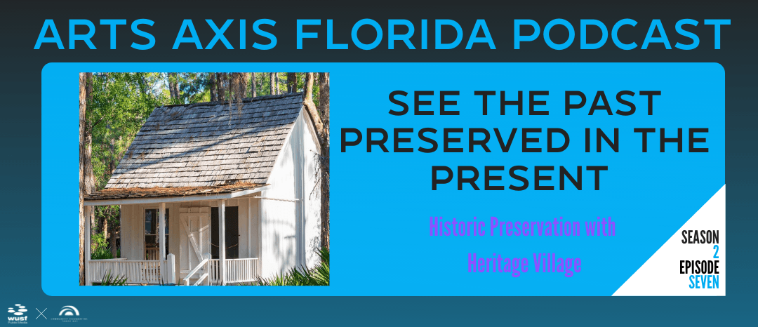 Podcast cover: Old white house, blue text,