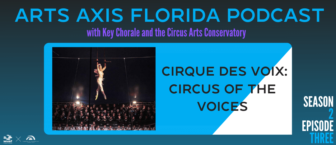 Podcast banner featuring a circus performer mid-air. Blue and white text.