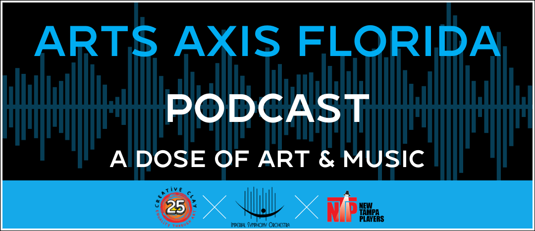 Logo for Arts Axis Florida Podcast, blue and white text, black background, waves.