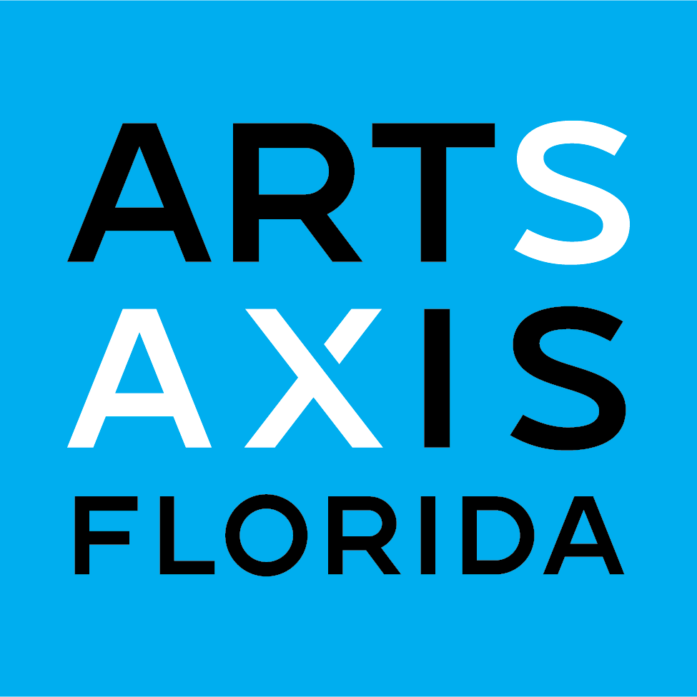 Logo for Arts Axis Florida: text in stacked format on a blue background. Black 